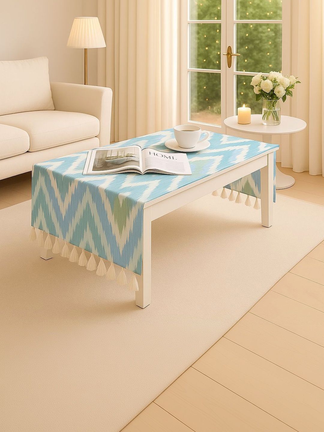 THROWPILLOW Aqua Blue Printed With Trim Tassel Lace Table Cover Size 52x108 Inch-image-5