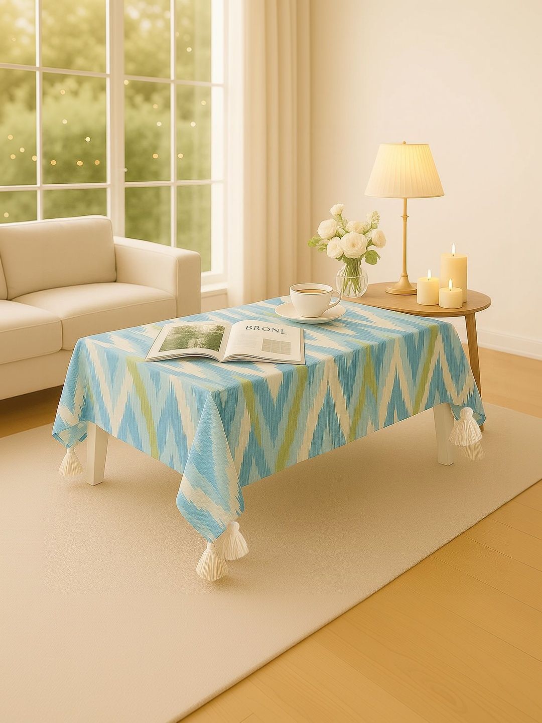 THROWPILLOW Aqua Blue Printed with Corner Small Tassels Table Cover Size 52x120 Inch-image-14