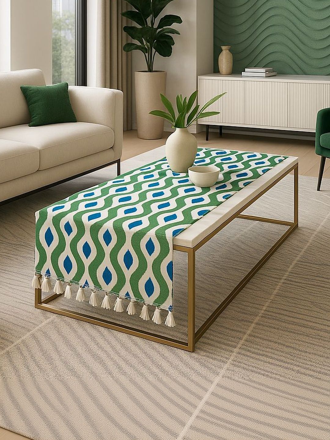 THROWPILLOW Olive Green Geometric Printed Anti-Slip 8-Seater Table Cover with Embellished details-image-35