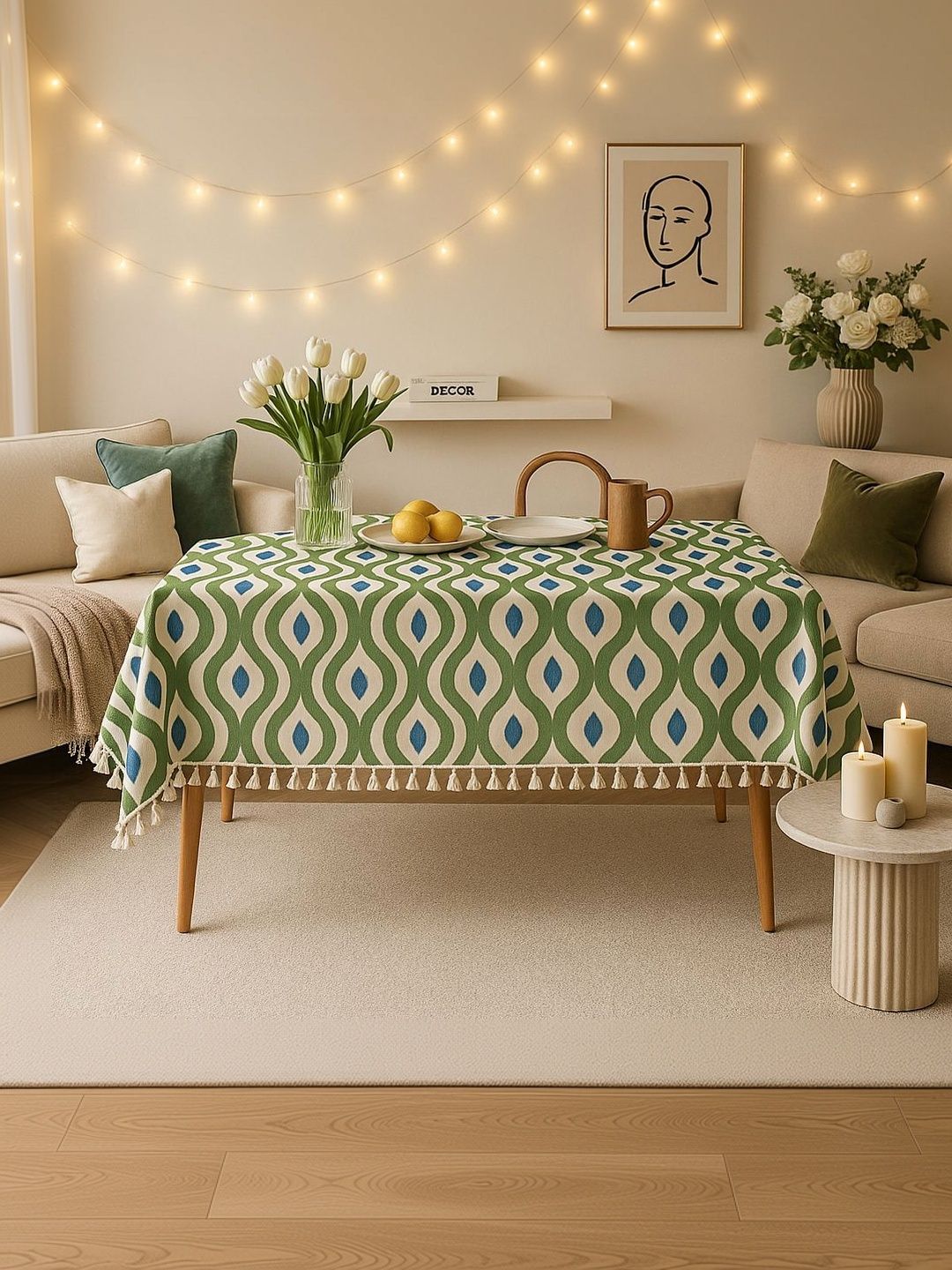 THROWPILLOW Olive Green Geometric Printed Anti-Slip 6-Seater Table Cover with Embellished details-picture-29