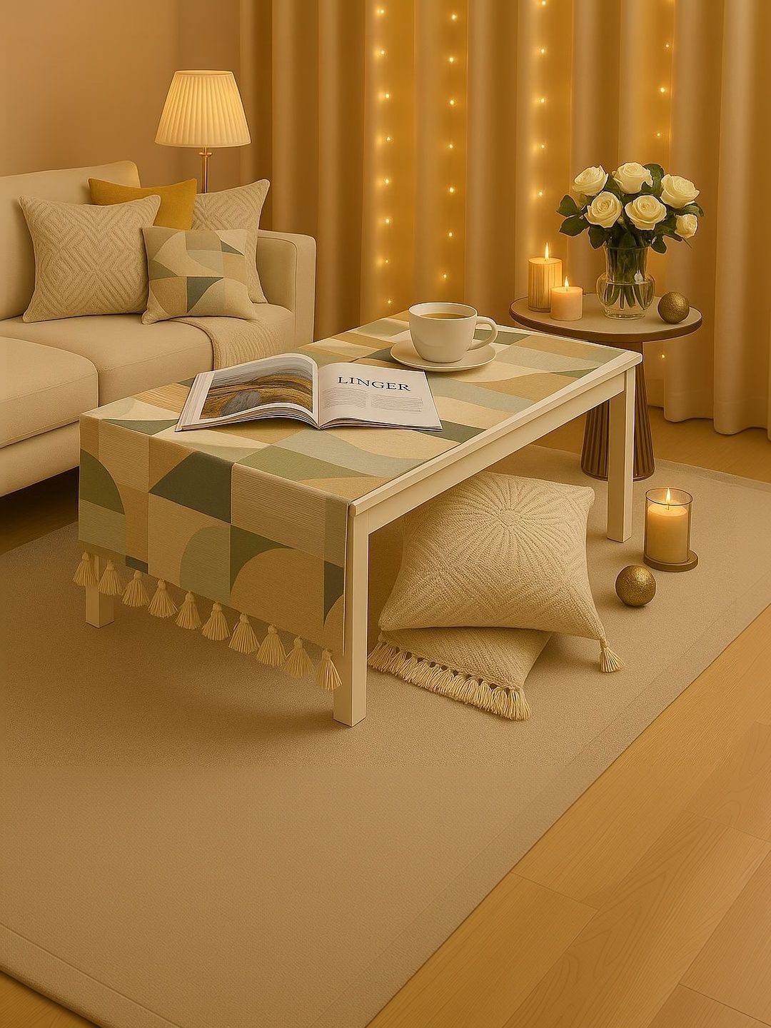 THROWPILLOW Green Geometric Printed Anti-Slip Table Cover with Embellished details-image-30