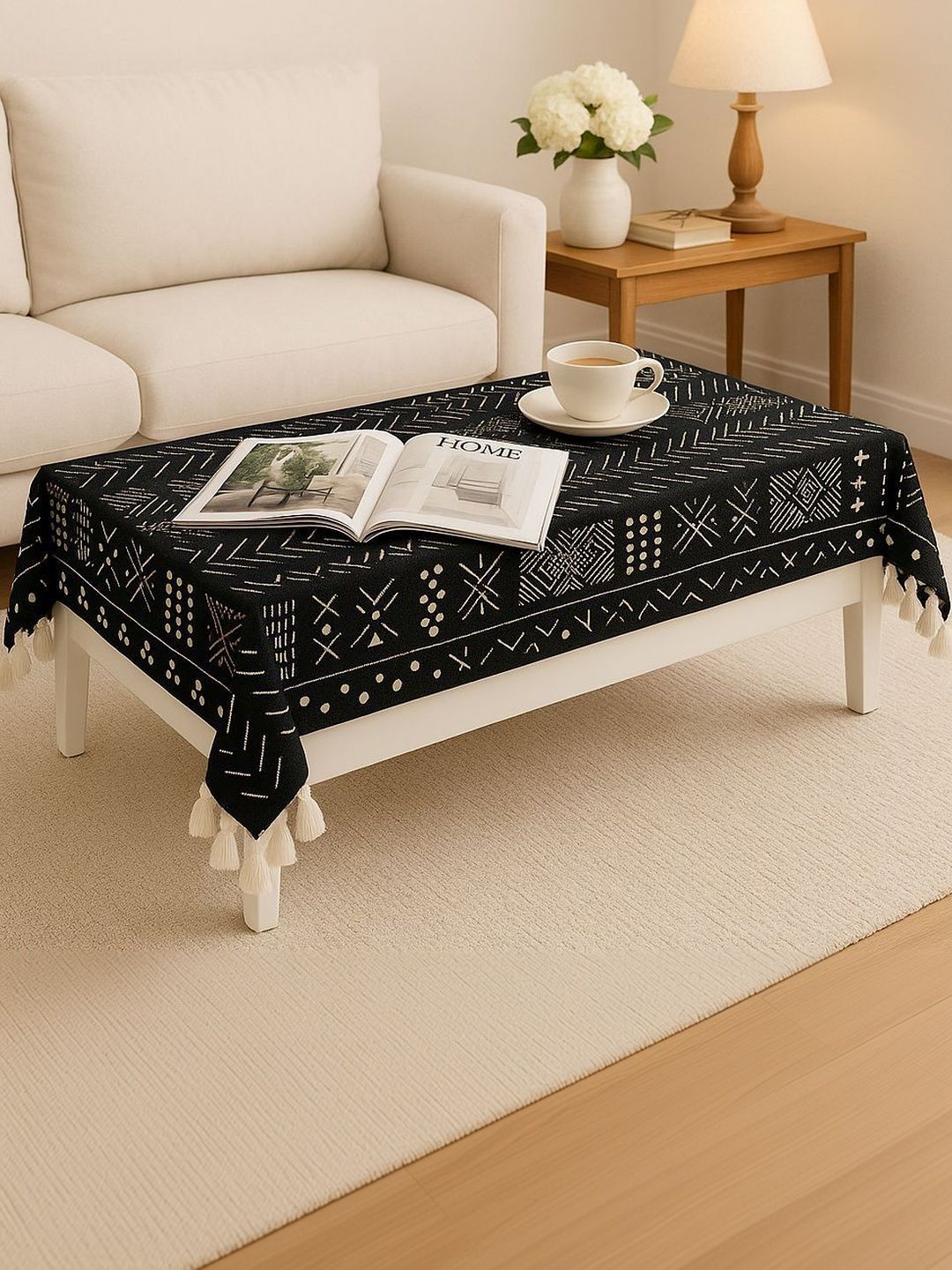 THROWPILLOW Black Geometric Printed Anti-Slip 8-Seater Table Cover with Embellished details-image-37