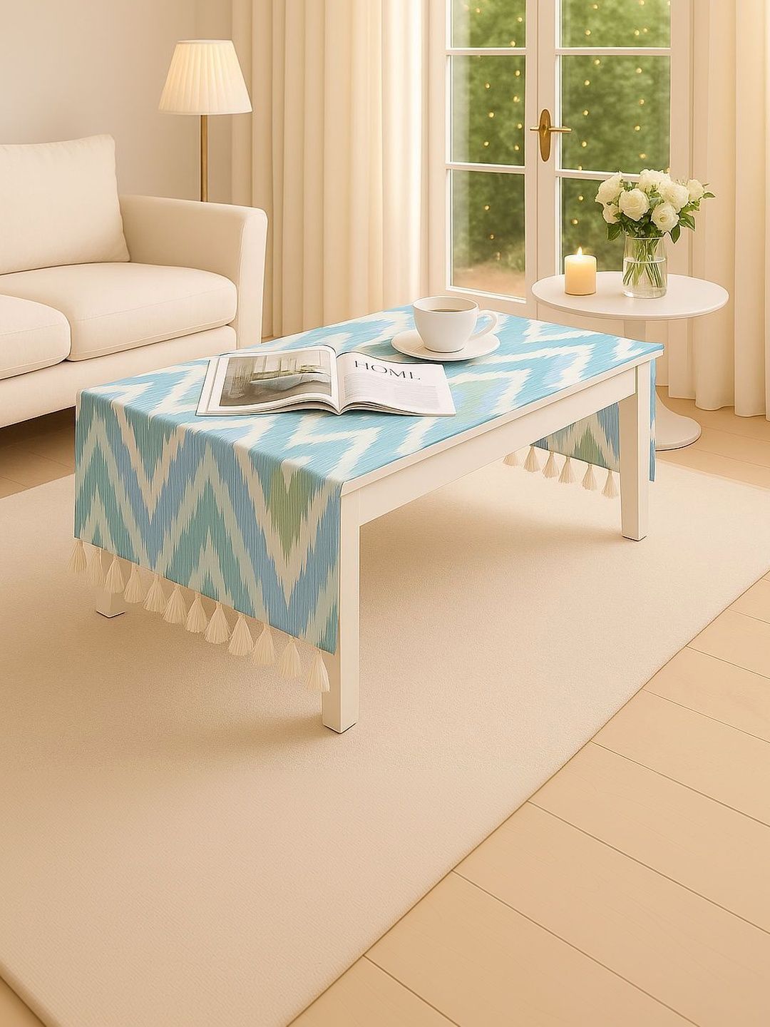 THROWPILLOW Aqua Blue Printed With Trim Tassel Lace Table Cover Size 52x96 Inch-image-4