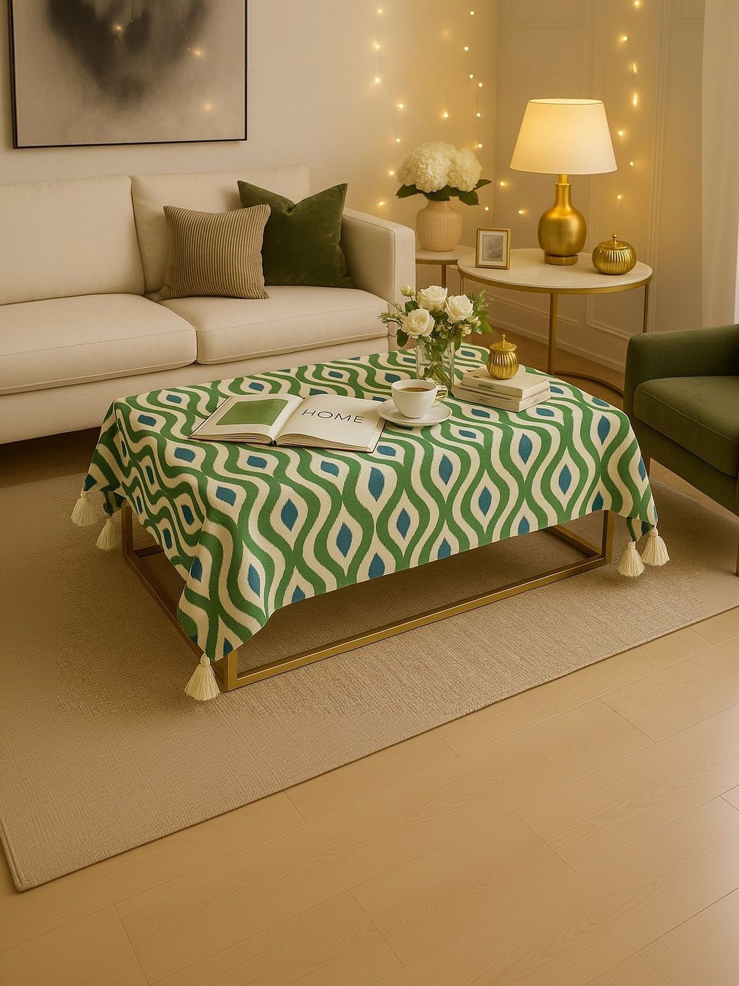 THROWPILLOW Azure Ikat Pattern with Corner Small Tassels Lace Table Cover Size 52x96 Inch-picture-14