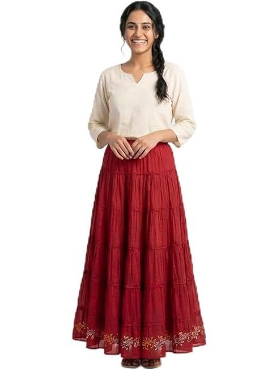 Fabrika16 Women Pure Cotton Blend Self Design Maxi Flared Skirt-image-37