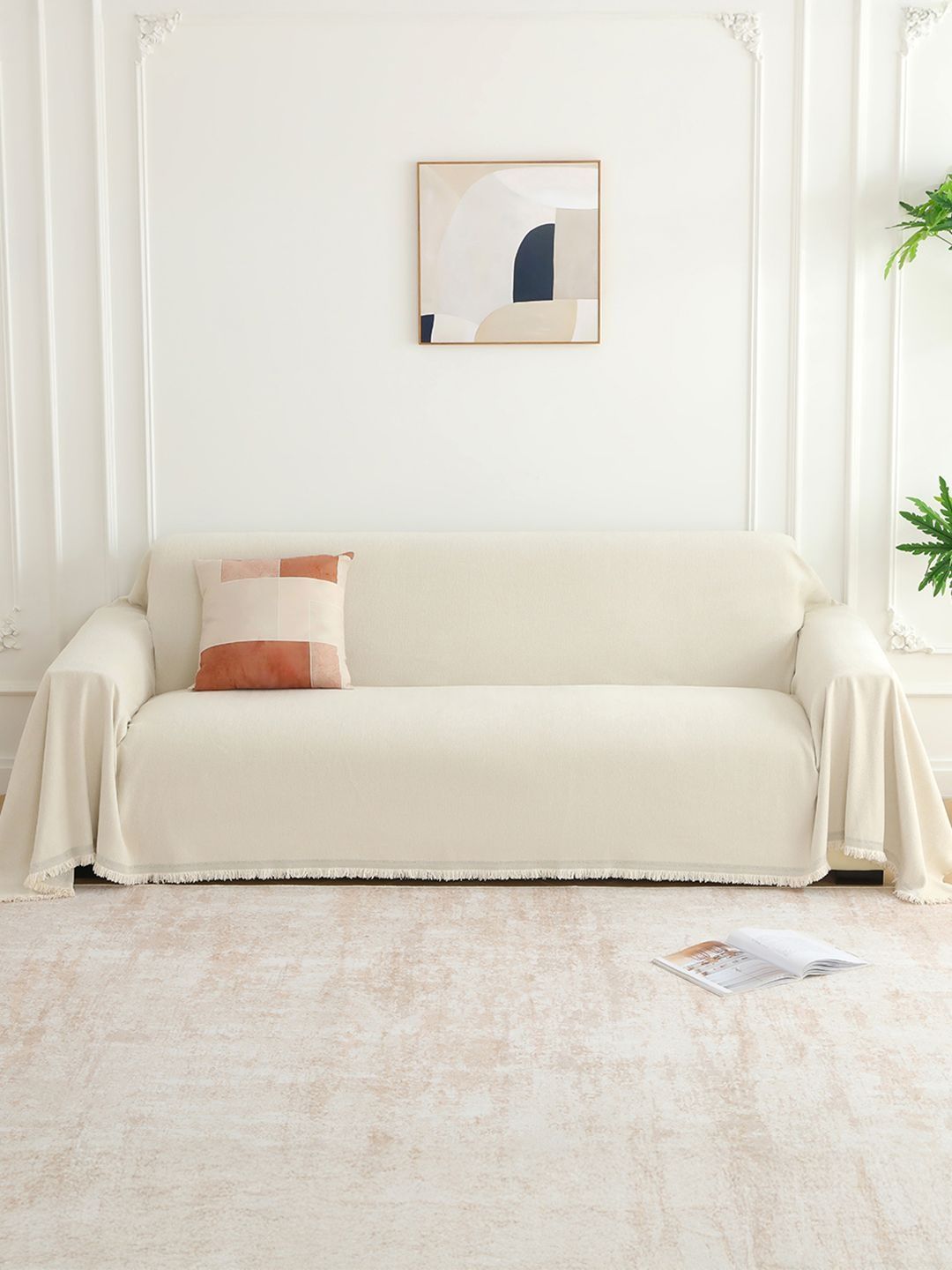 Story@home Off White & Off White Printed 1 Piece Sofa Cover