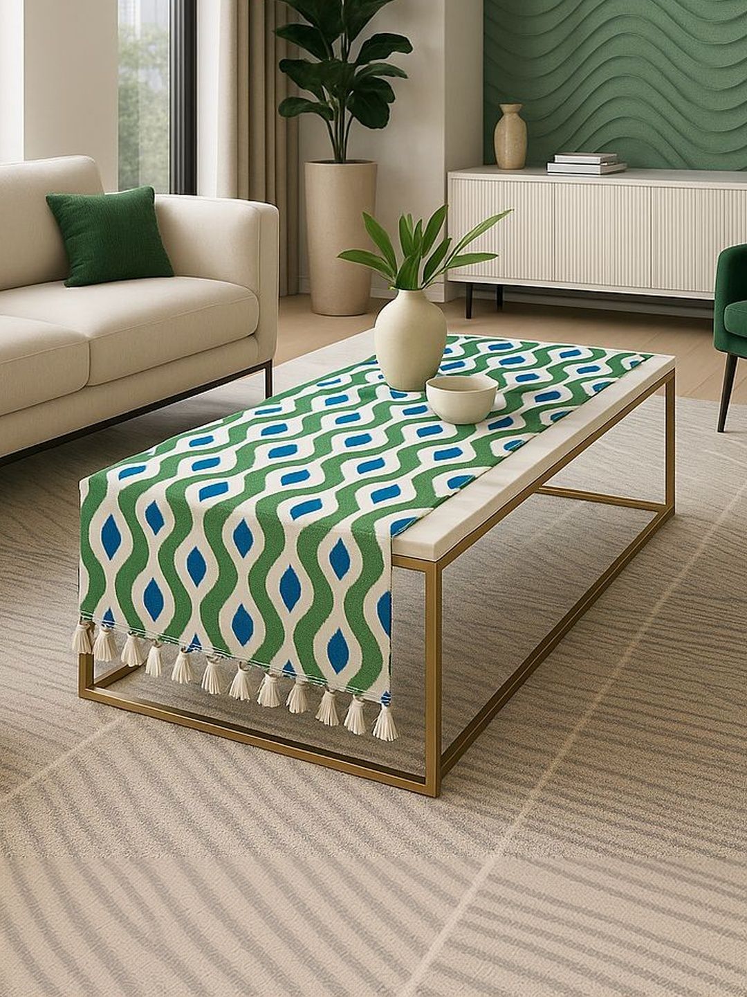 THROWPILLOW Olive Green Geometric Printed Anti-Slip 6-Seater Table Cover with Embellished details-picture-18
