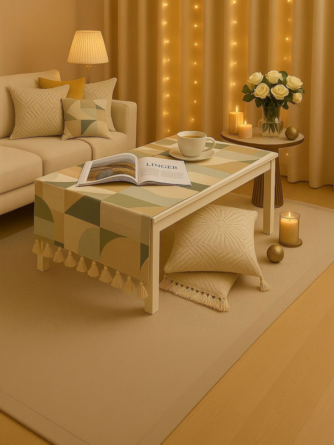 THROWPILLOW Green Geometric Printed Anti-Slip Table Cover with Embellished details-picture-25