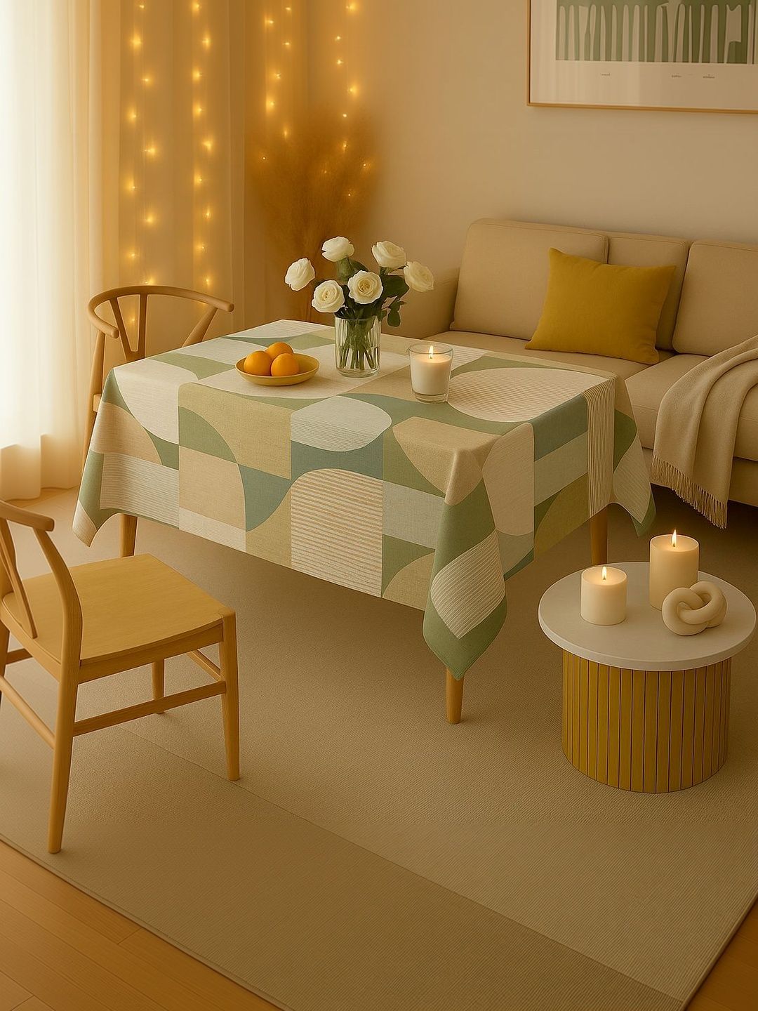 THROWPILLOW Green Geometric Printed Anti-Slip Table Cover with Embellished details-image-44