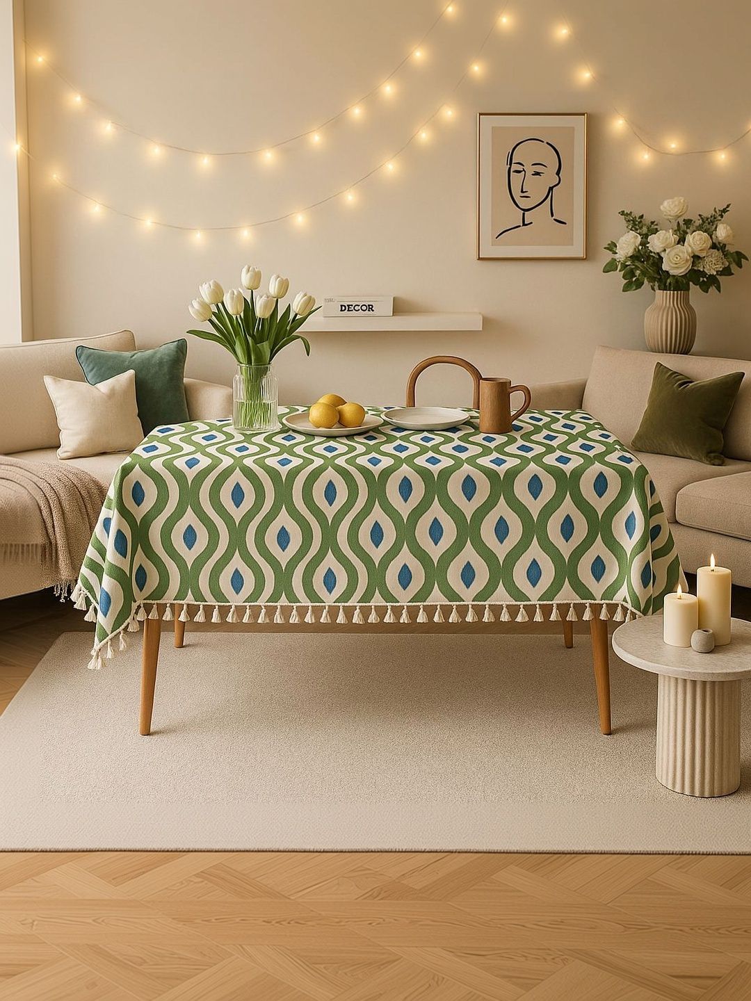 THROWPILLOW Olive Green Geometric Printed Anti-Slip 6-Seater Table Cover with Embellished details-picture-24