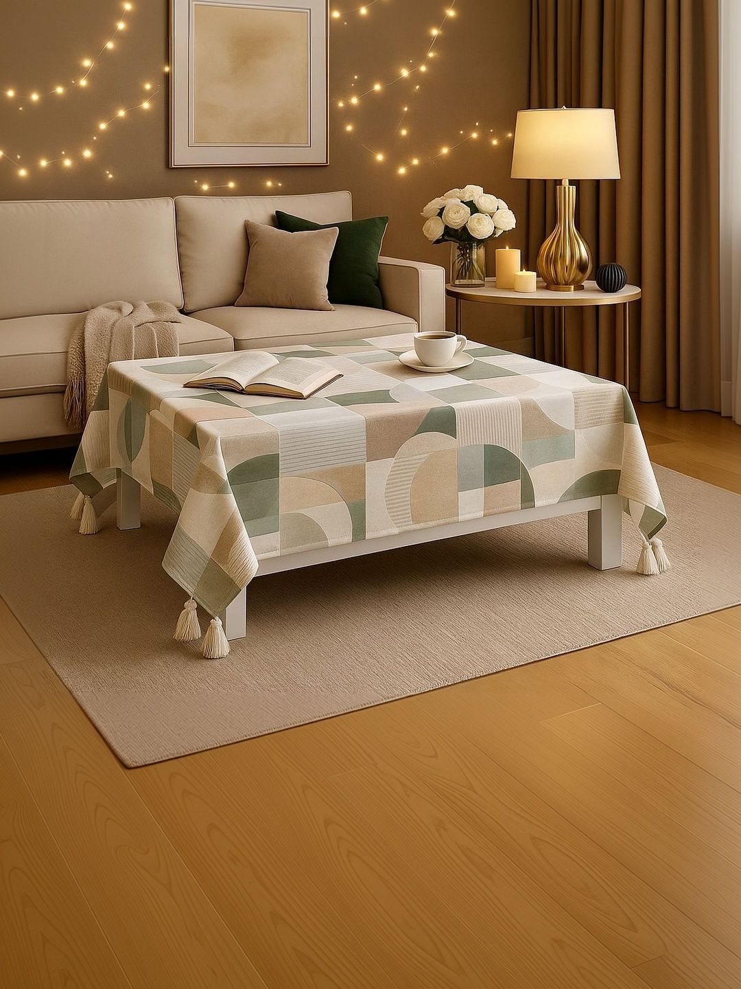 THROWPILLOW Green Geometric Printed Anti-Slip Table Cover with Embellished details-picture-11