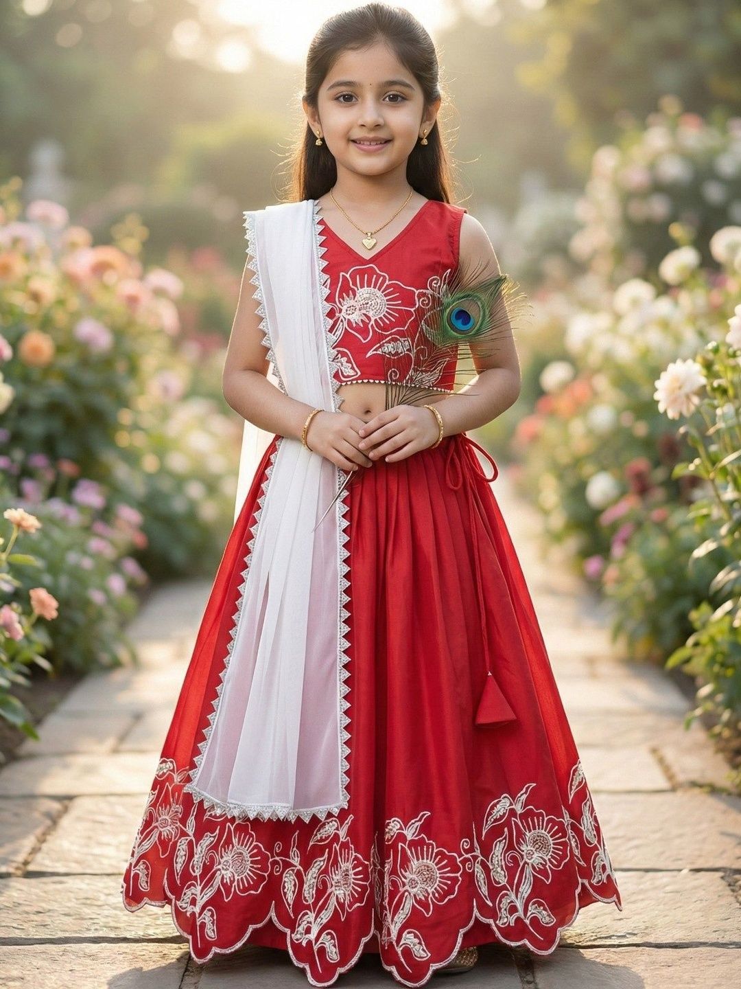 KALINI Girls Embroidered Thread Work Ready to Wear Lehenga & Blouse With Dupatta