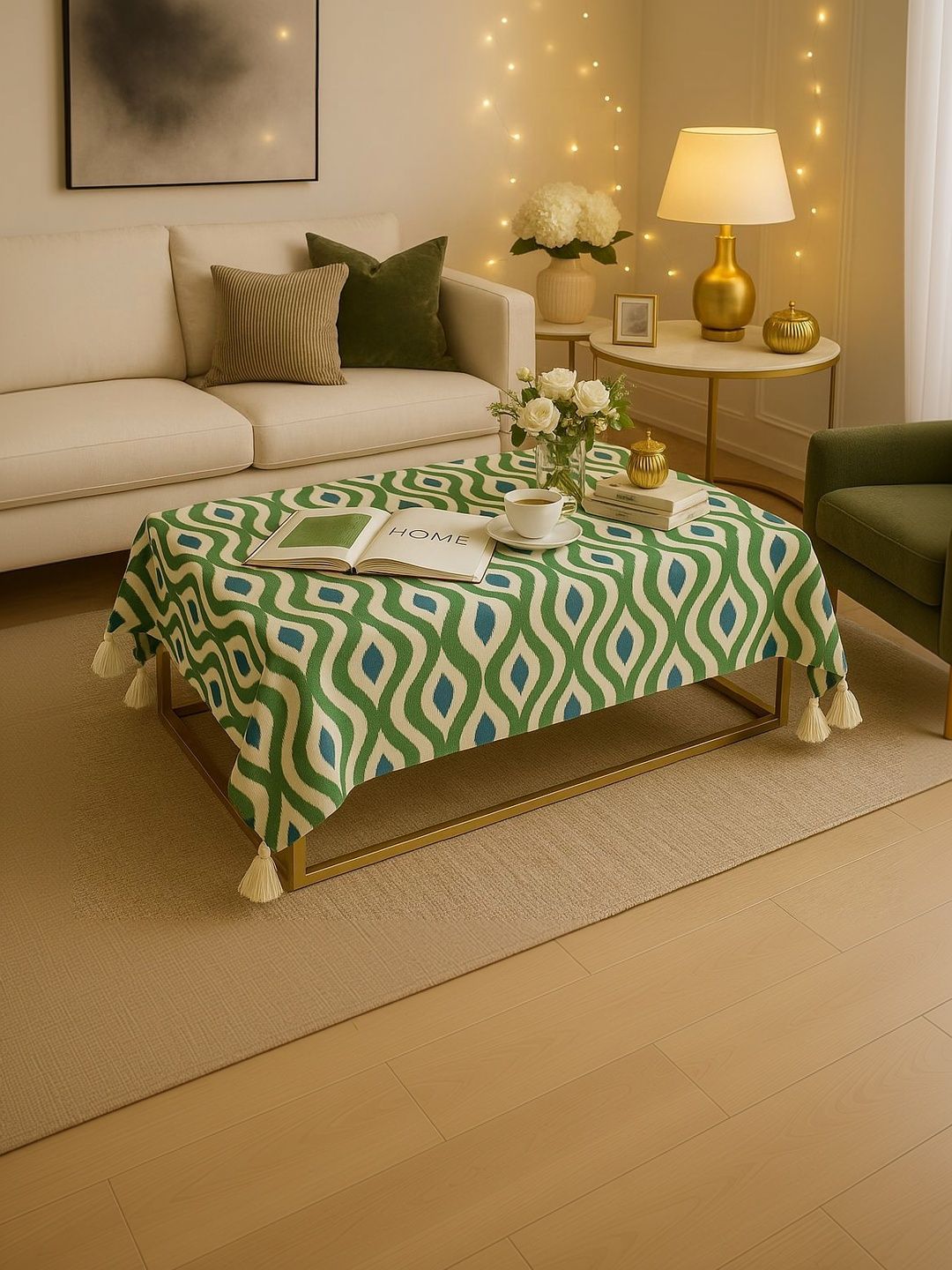 THROWPILLOW Olive Green Geometric Printed Anti-Slip 8-Seater Table Cover with Embellished details-picture-33