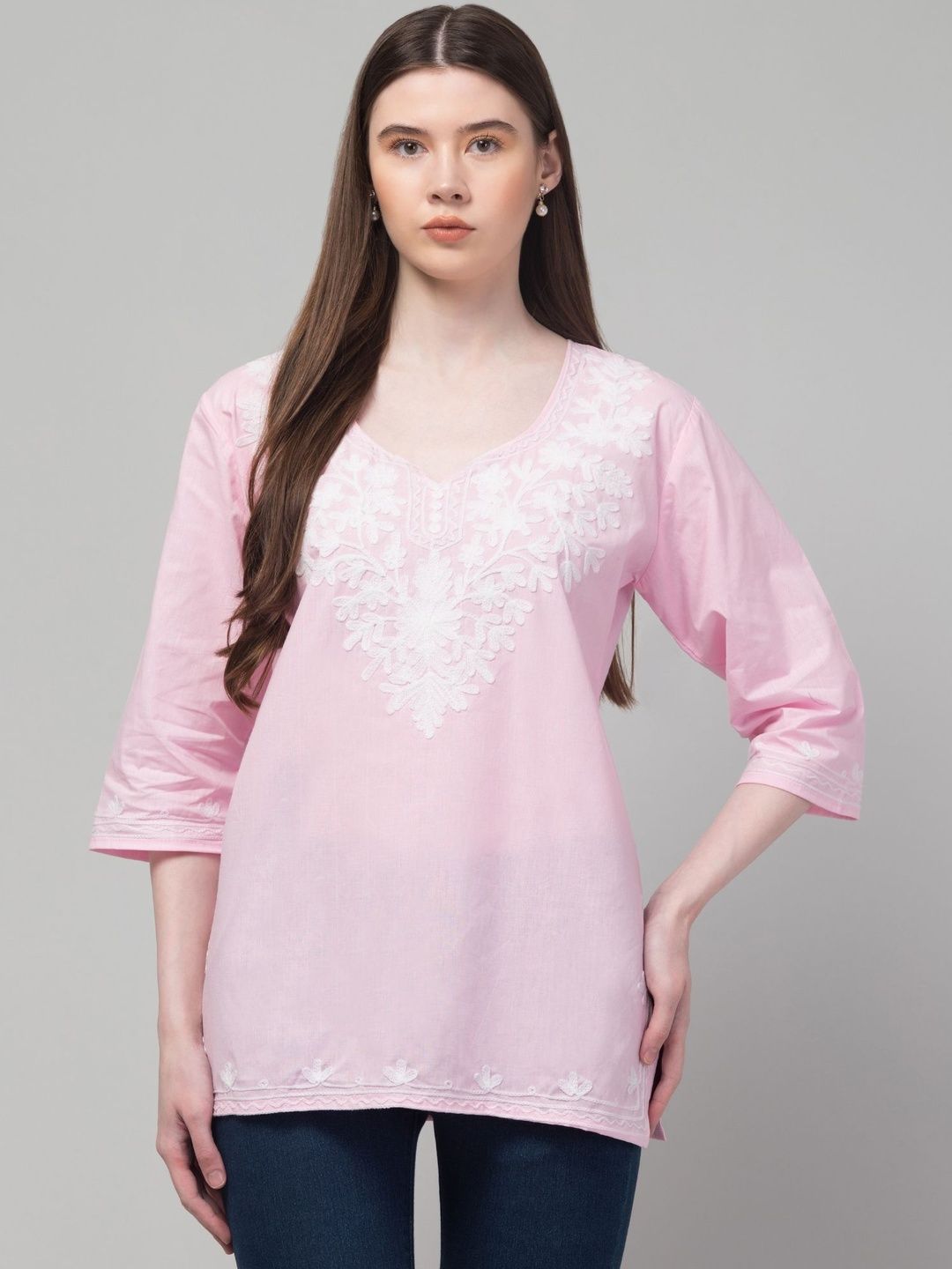 CROWN KING GARMENTS Embroidered V-Neck Thread Work Pure Cotton Thread Work Kurti-picture-57