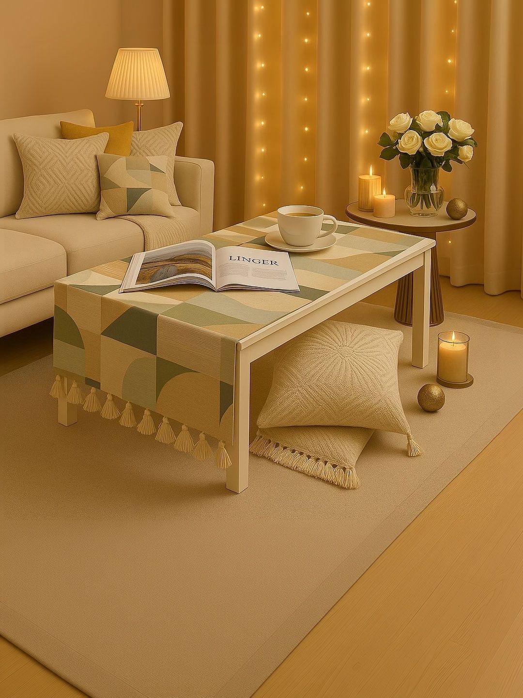 THROWPILLOW Green Geometric Printed Anti-Slip Table Cover with Embellished details-image-42