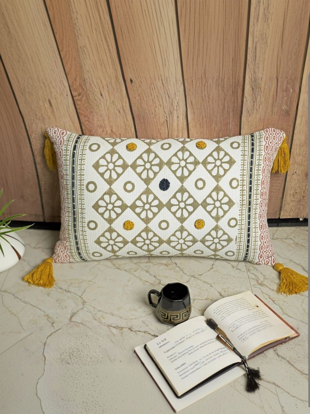 MODERN OASIS Yellow & Rust Geometric Rectangle Cushion Covers-image-7