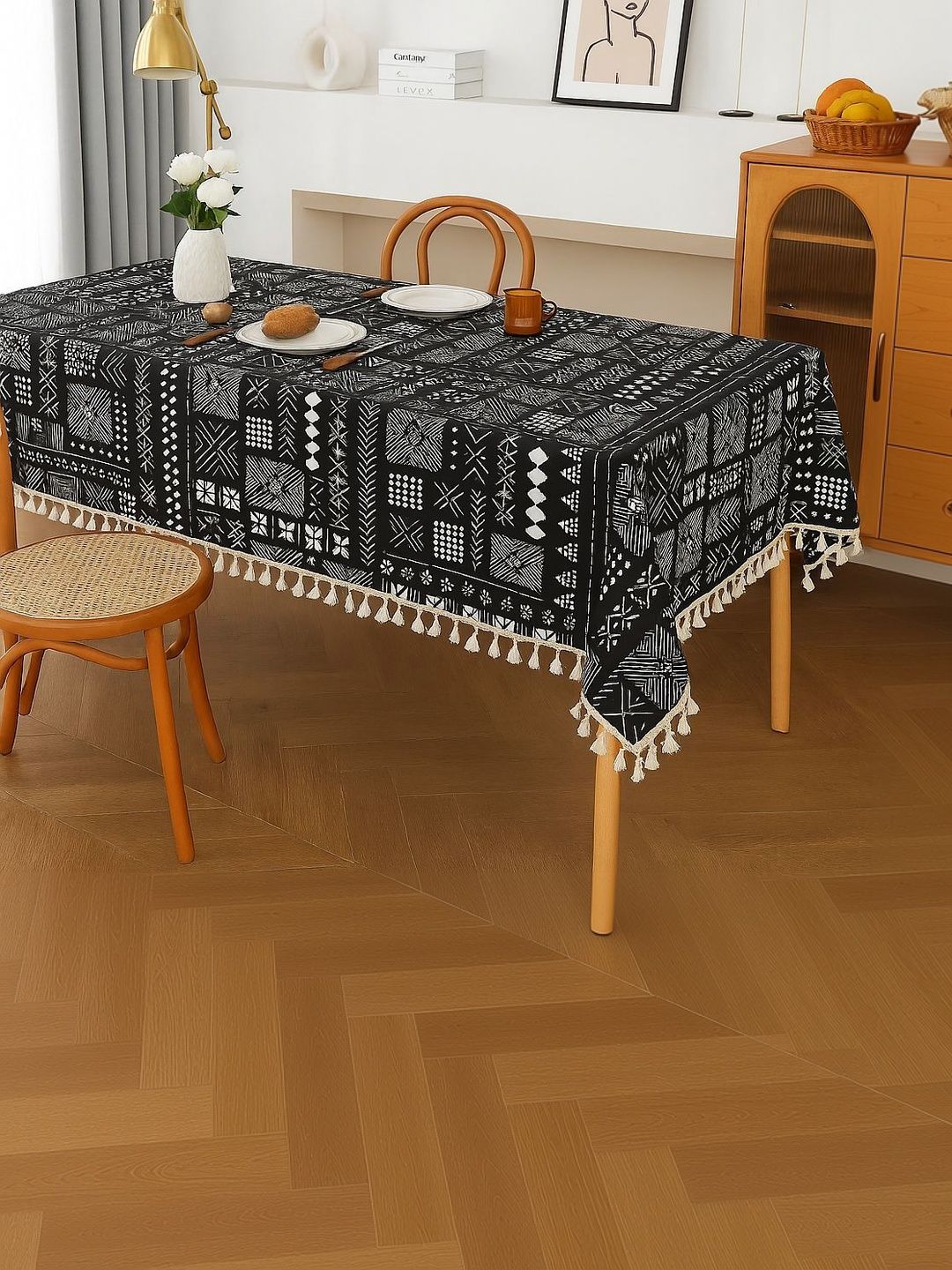 THROWPILLOW Black Geometric Anti-Slip 8-Seater Table Cover with Embellished details-picture-8