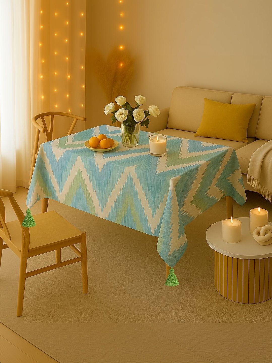 THROWPILLOW Aqua Blue Printed With White Corner Tassel Table Cover Size 52X120 Inch-image-8