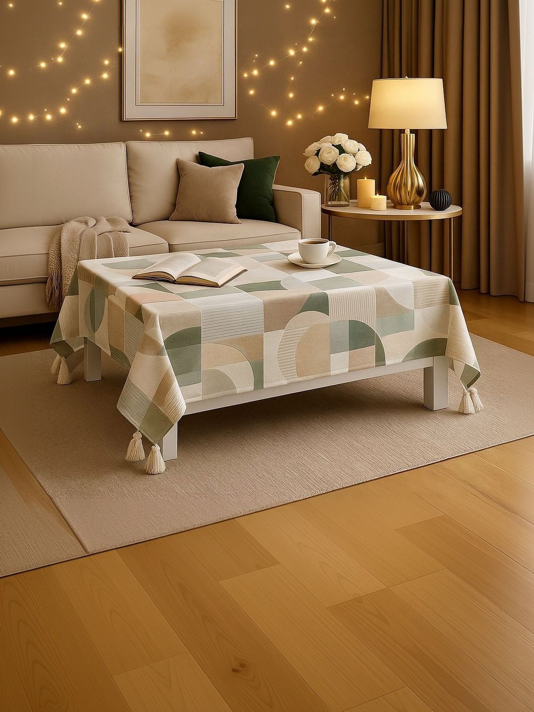 THROWPILLOW Green Geometric Printed Anti-Slip Table Cover with Embellished details-picture-55