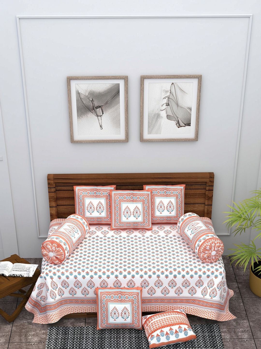 Monik Handicrafts Peach & Blue Jaipuri Printed Cotton 8-Pcs Diwan Set