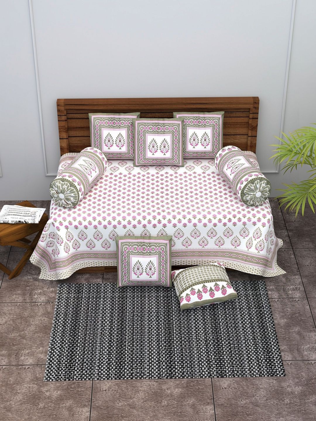 Monik Handicrafts Green & Pink Jaipuri Printed Cotton 8-Pcs Diwan Set-picture-26