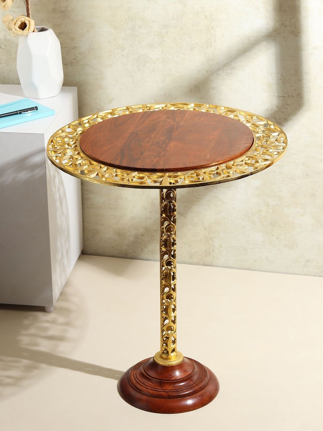 Decor de Maison Brown & Yellow Textured Metal Round Bedside Table