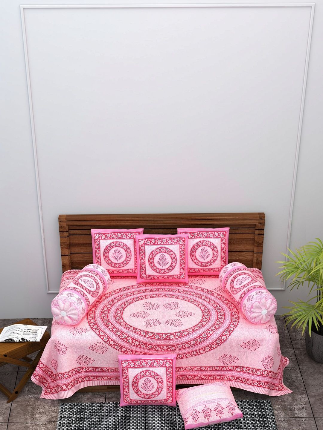 Monik Handicrafts Pink & White Jaipuri Printed Cotton 8-Pcs Diwan Set-picture-31