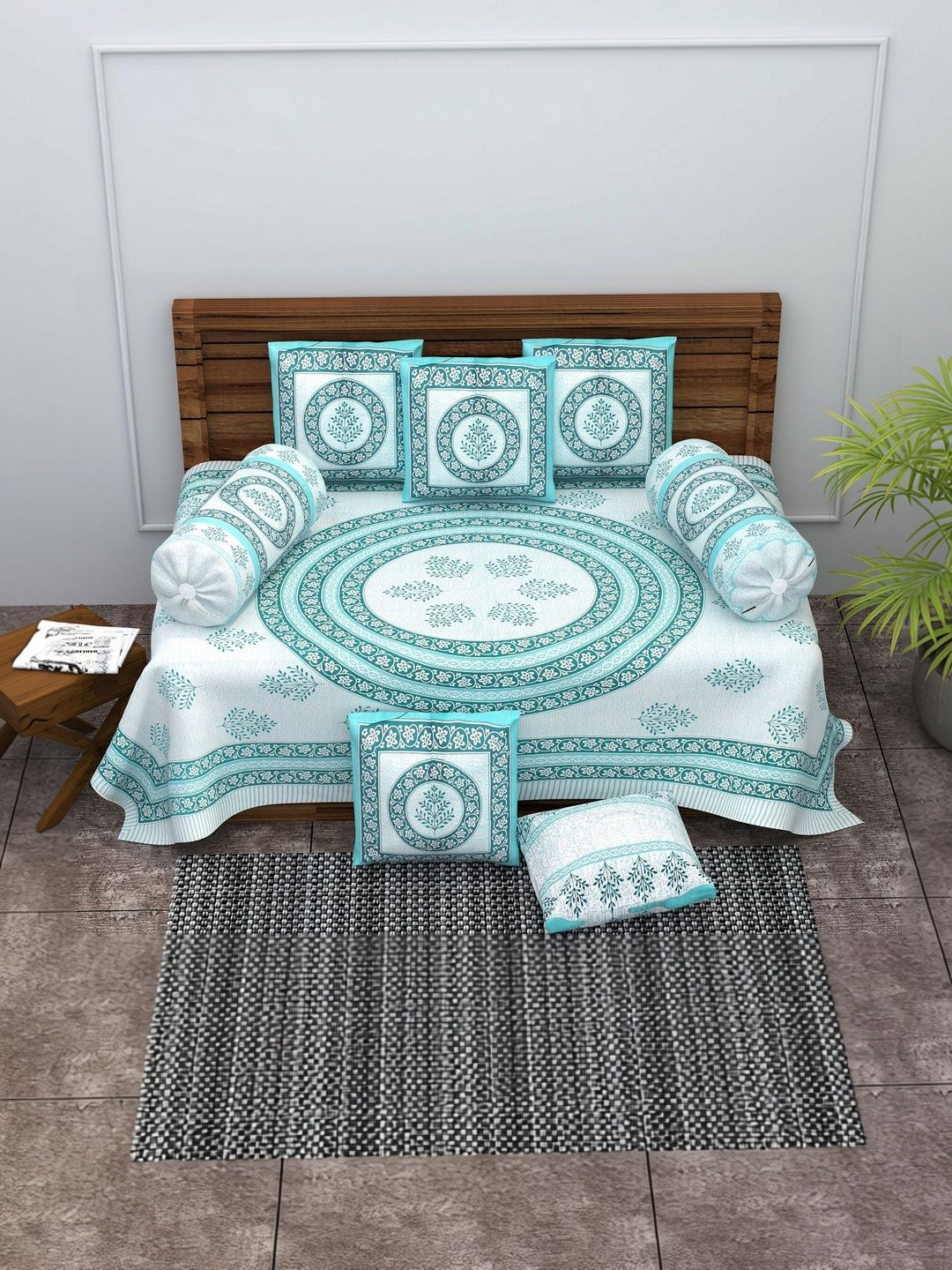 Monik Handicrafts Green & White Jaipuri Printed Cotton 8-Pcs Diwan Set-picture-22