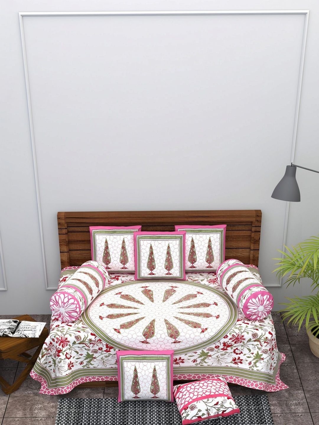 Monik Handicrafts Pink & White Jaipuri Printed Cotton 8-Pcs Diwan Set-picture-47