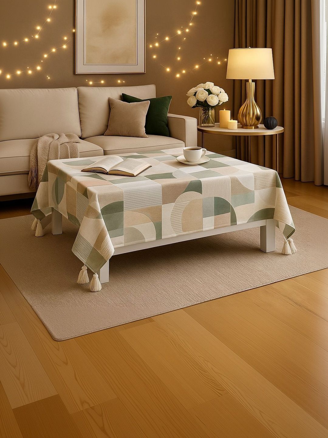 THROWPILLOW Green Geometric Printed Anti-Slip Table Cover with Embellished details-picture-26