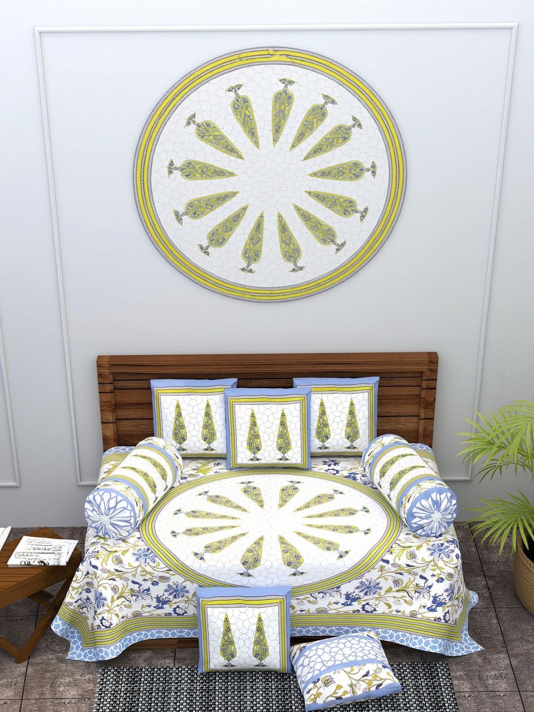 Monik Handicrafts Blue & Yellow Jaipuri Printed Cotton 8-Pcs Diwan Set-image-33