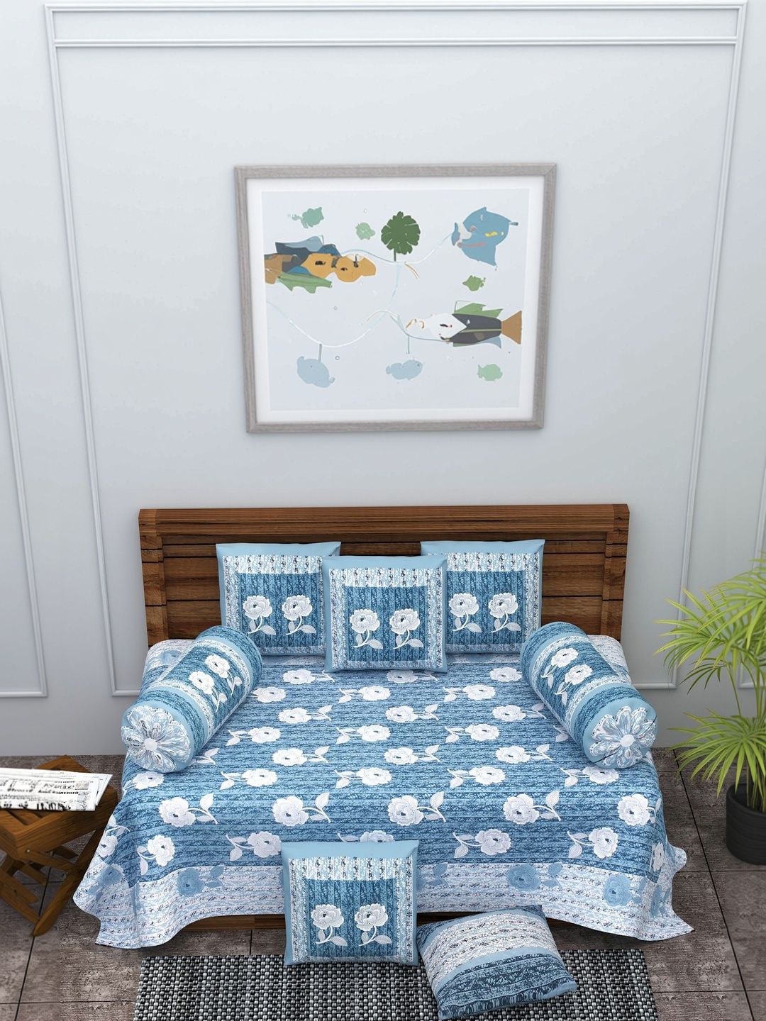 Monik Handicrafts Blue & White Jaipuri Printed Cotton 8-Pcs Diwan Set-picture-31