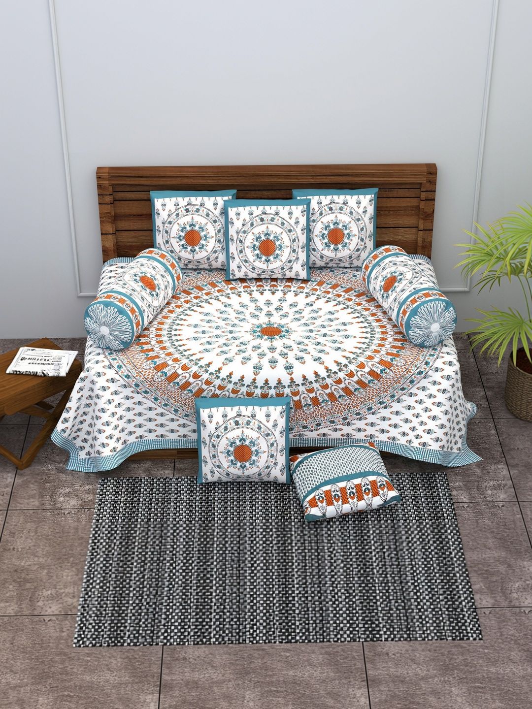 Monik Handicrafts Green & Orange Jaipuri Printed Cotton 8-Pcs Diwan Set-picture-20