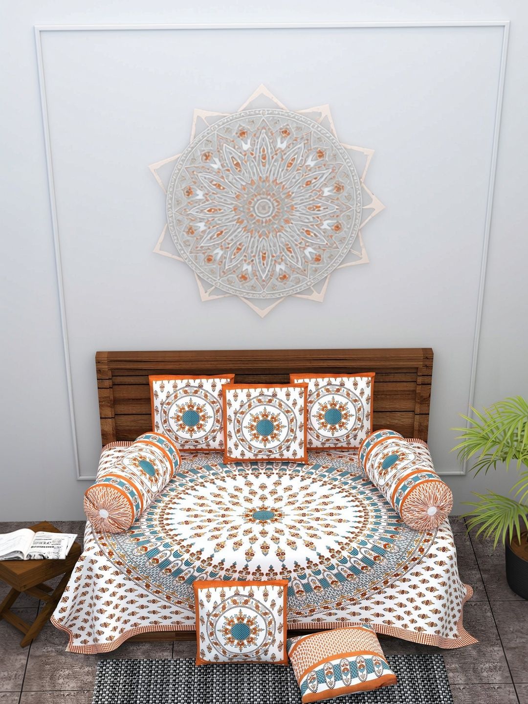 Monik Handicrafts Brown & Orange Jaipuri Printed Cotton 8-Pcs Diwan Set-picture-21