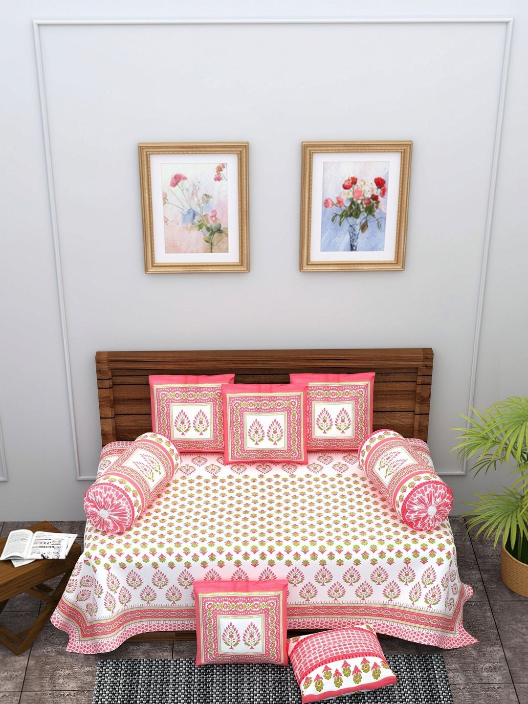 Monik Handicrafts Pink & White Jaipuri Printed Cotton 8-Pcs Diwan Set-picture-36