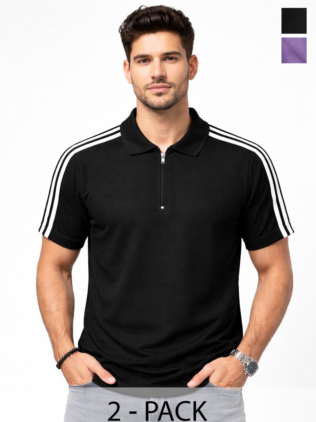 Organic Chics Men 2 Striped Polo Collar Dri-FIT Slim Fit T-shirt-picture-12