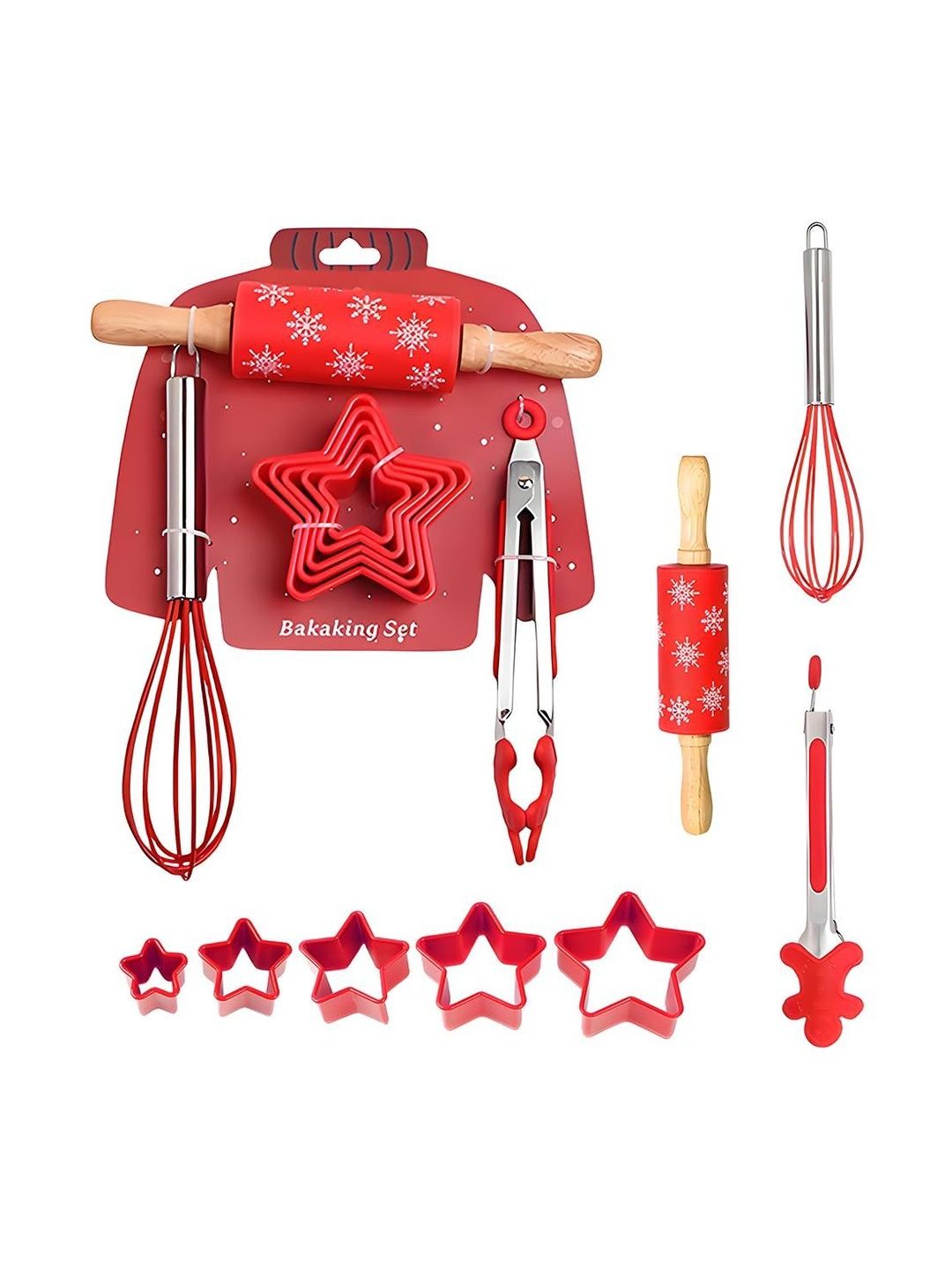HASTHIP 9Pcs Red & Brown Textured Christmas Baking Tool Set-image-9