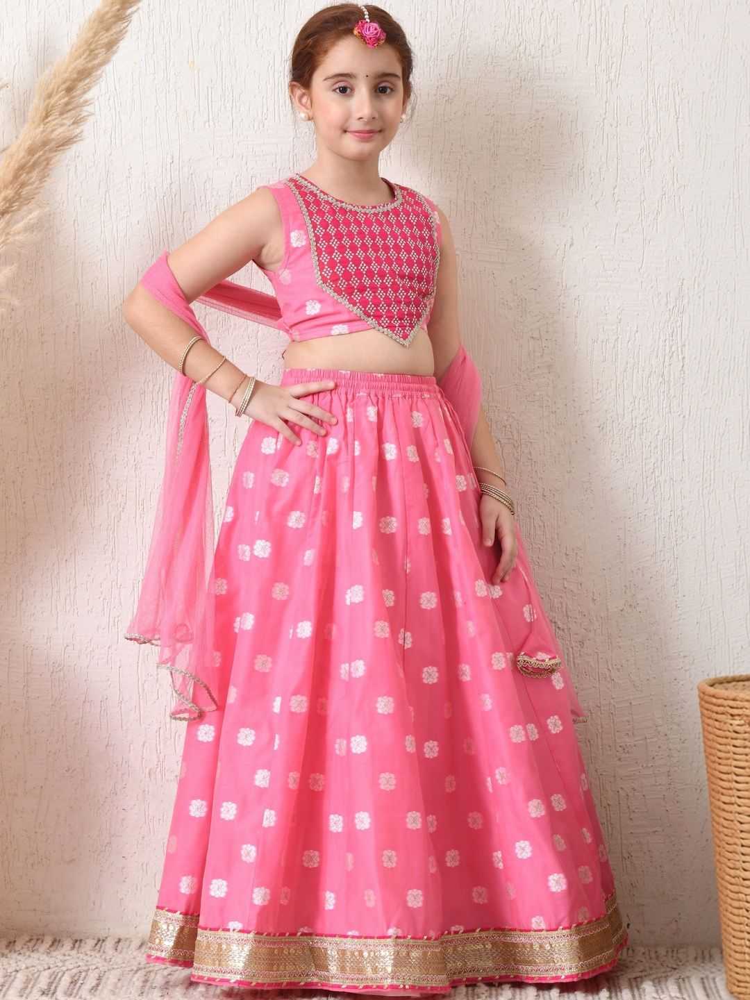 House of Pataudi Girls Embroidered Round Neck Flared Lehenga Choli with Dupatta-picture-22