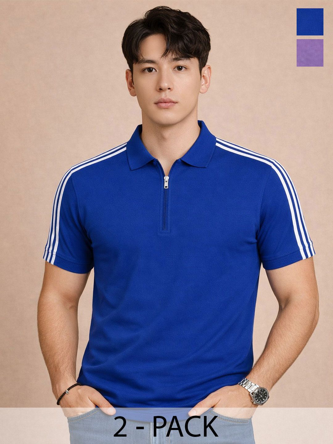 Organic Chics Men 2 Striped Polo Collar Dri-FIT Slim Fit T-shirt-image-42