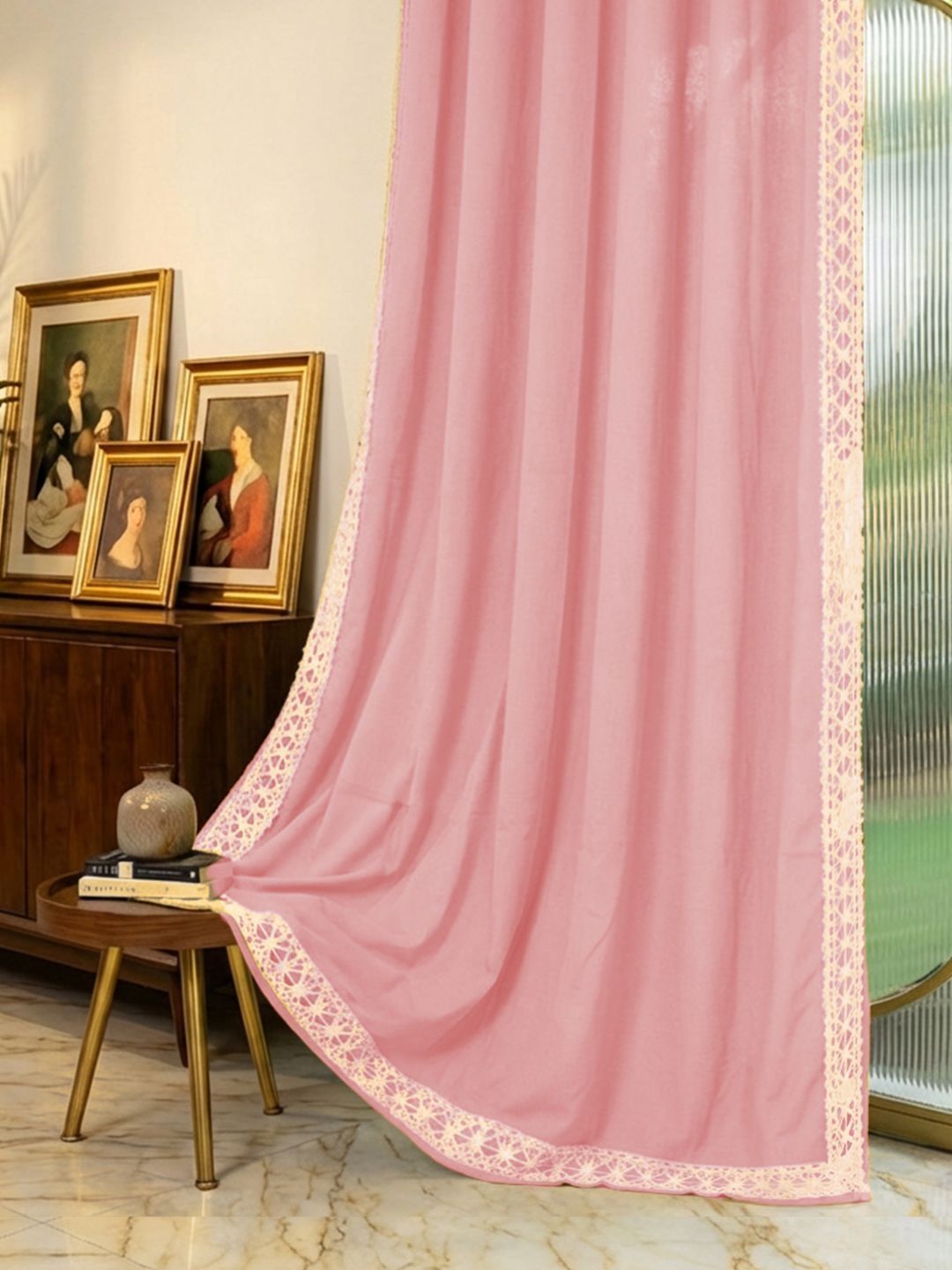 URBAN SPACE Pink & Cream-Coloured Embroidered Window Curtain