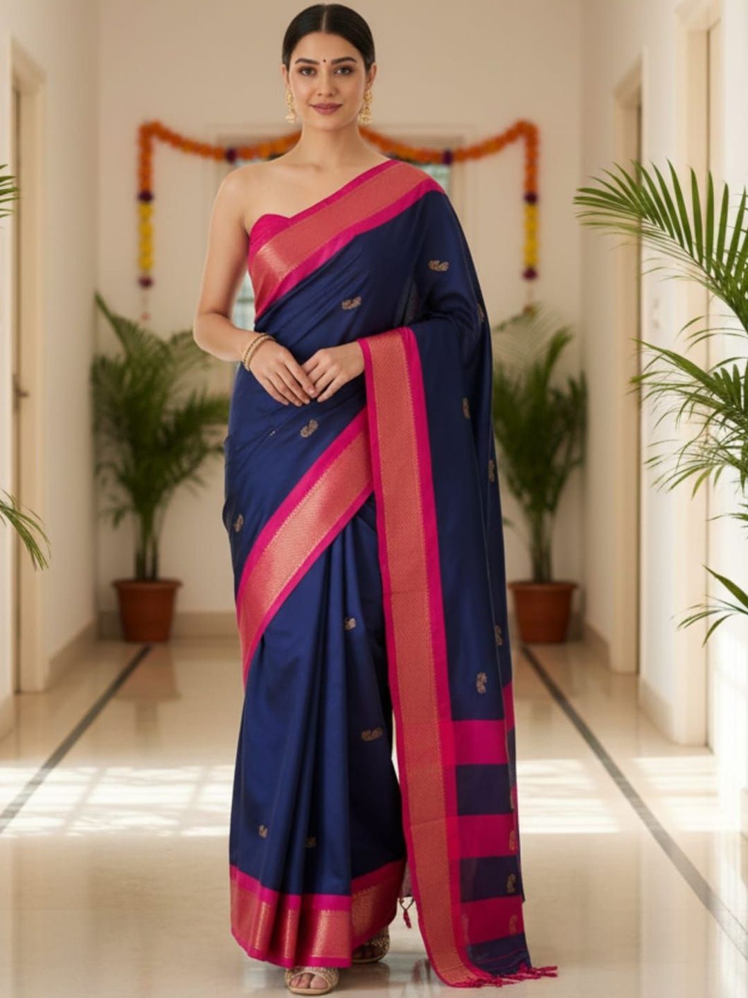 HERE&NOW Ethnic Motifs Zari Art Silk Kanjeevaram Saree-picture-19