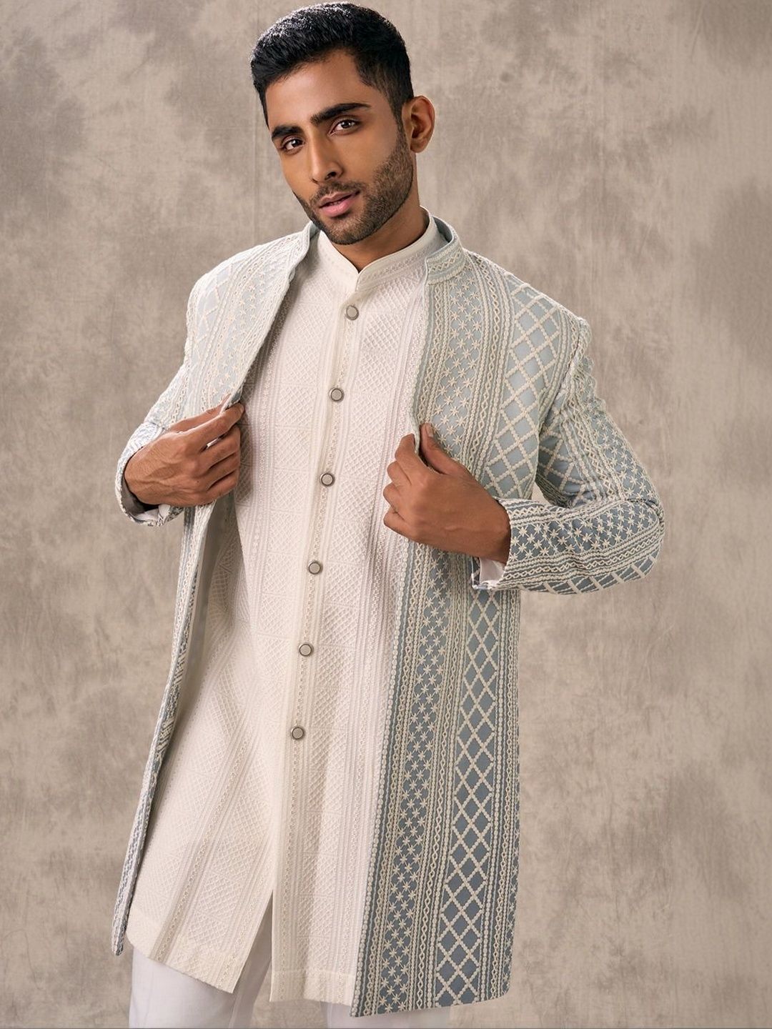 Twamev Men Embroidered Mandarin Collar Sherwani Set-picture-29
