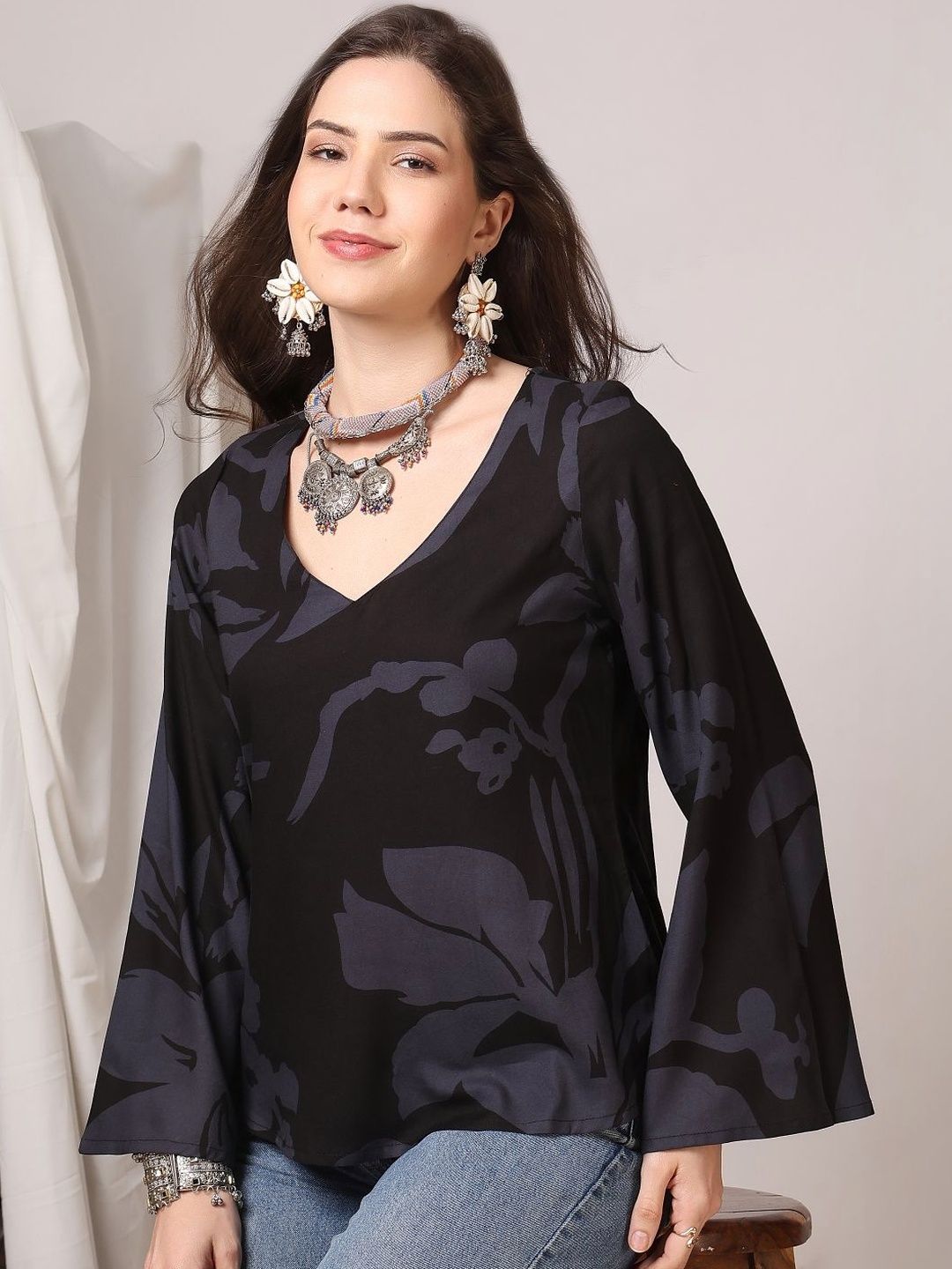 KALAMIR Print Bell Sleeve Cotton Top-image-40