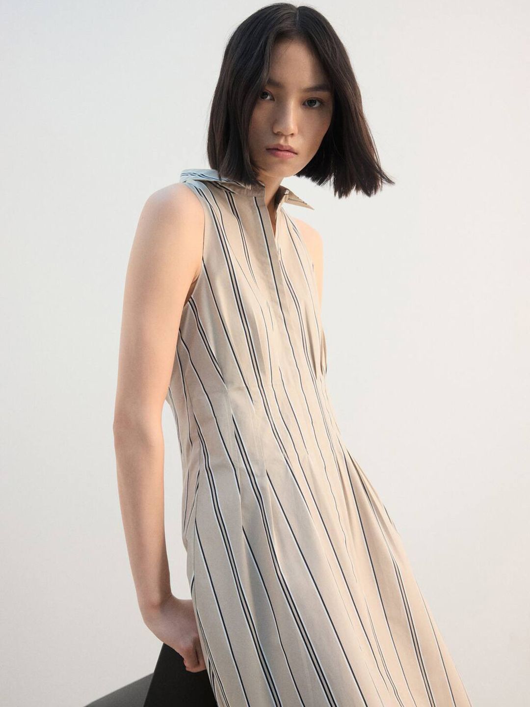 MANGO Striped A-Line Midi Dress