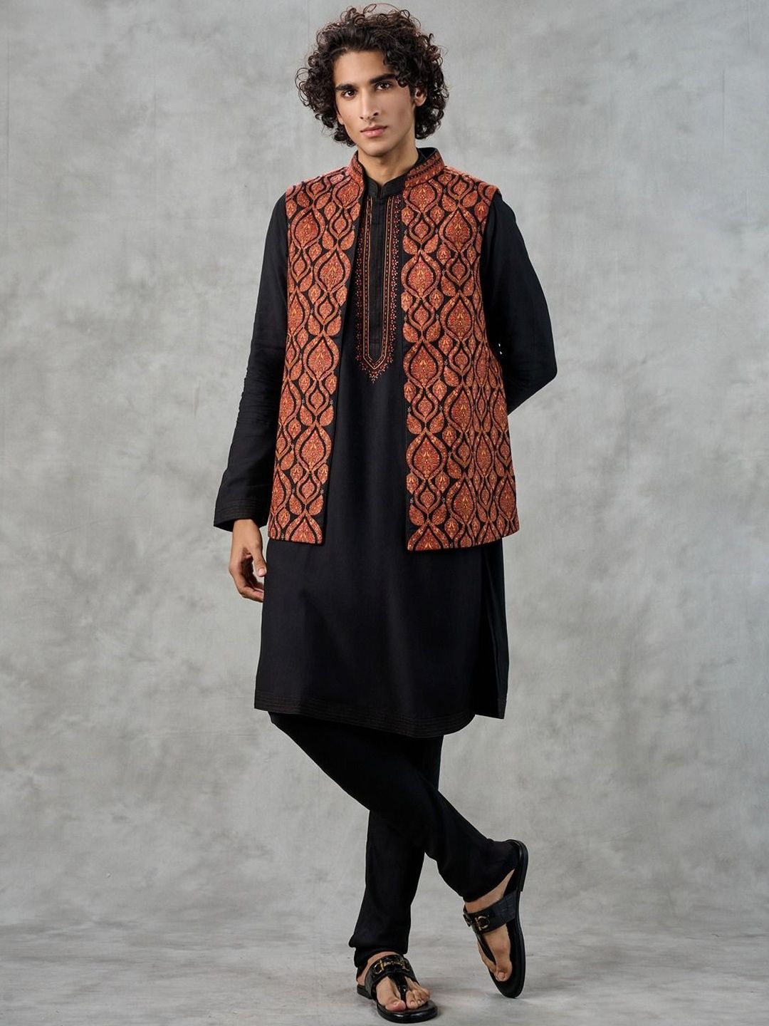 Twamev Men Ethnic Motifs Embroidered Regular Thread Work Kurta and Pyjamas with Jacket-picture-51