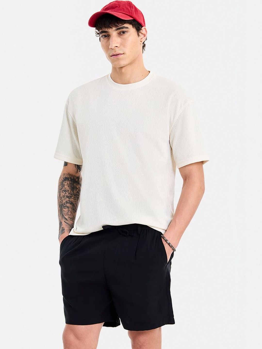 Snitch Self Design Polyester Round Neck Short Sleeves Oversized T-shirt