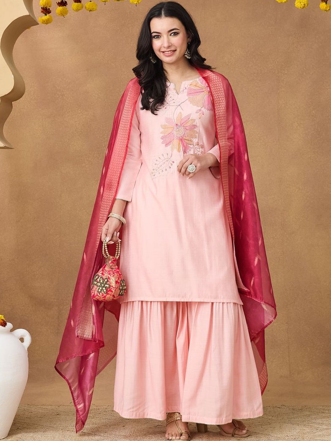 Sangria Embroidered Round Neck Kurta & Sharara With Dupatta-picture-27