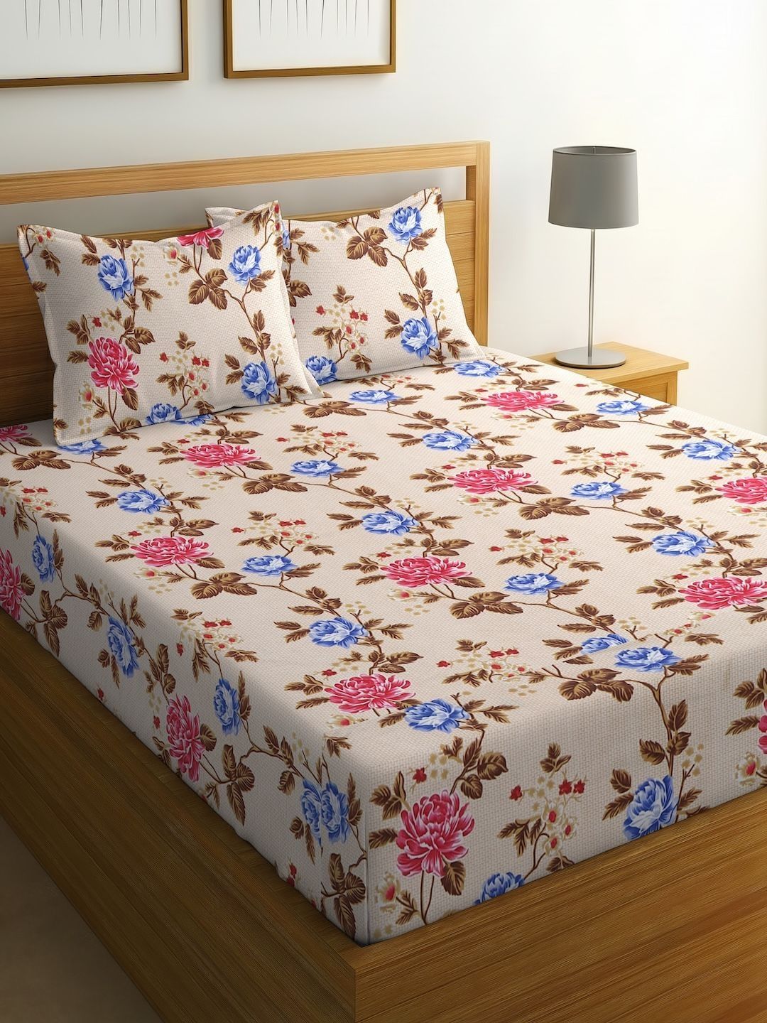IWS Cream-Coloured Floral Bedsheet with 2 Pillow Covers-image-32