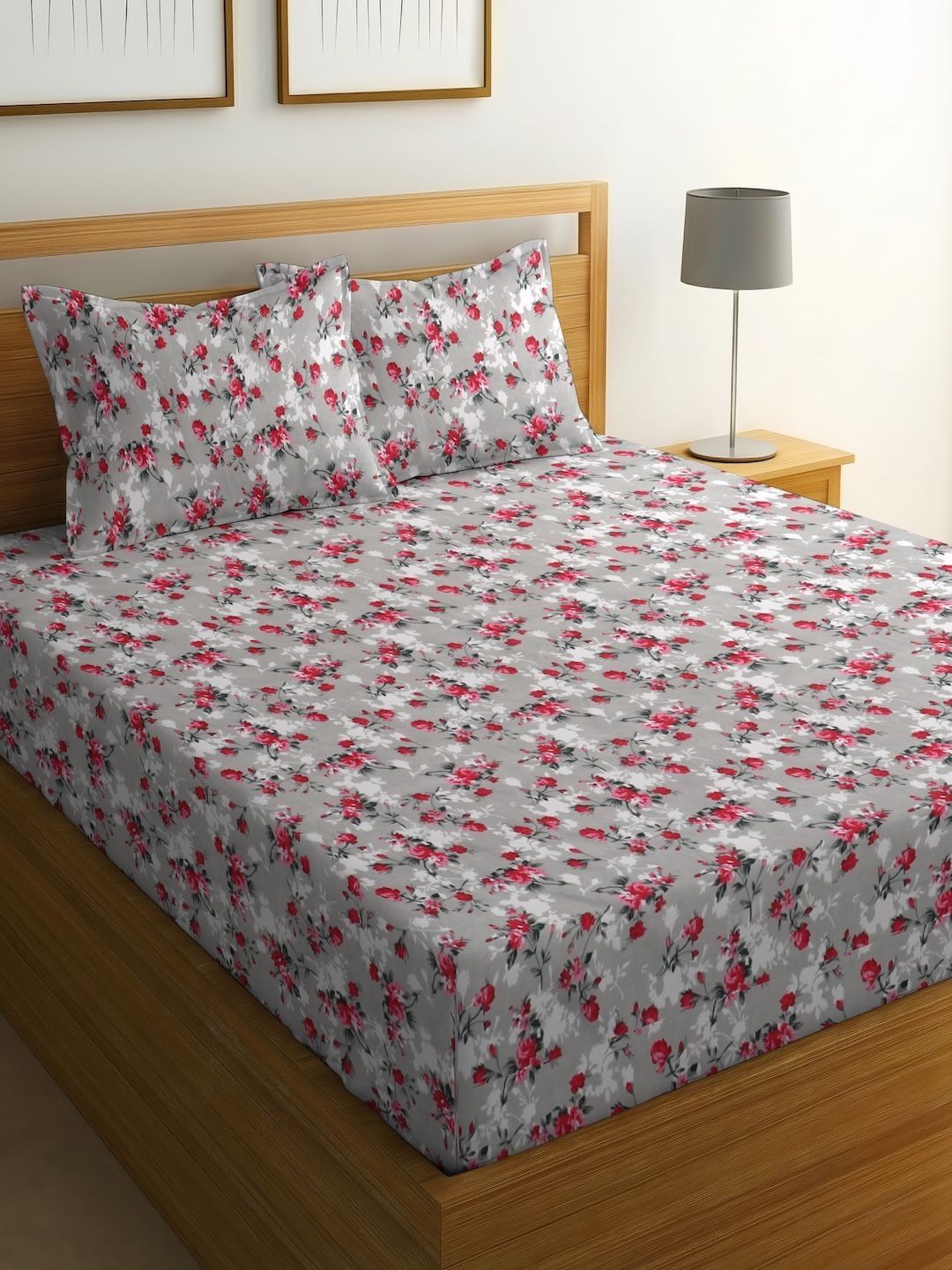 IWS Grey Floral Bedsheet with 2 Pillow Covers-picture-43