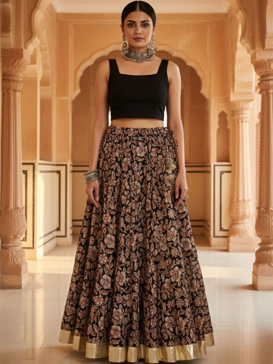 Vaidiki Women Pure Cotton Cotton Cambric Floral Maxi Flared Skirt-image-9